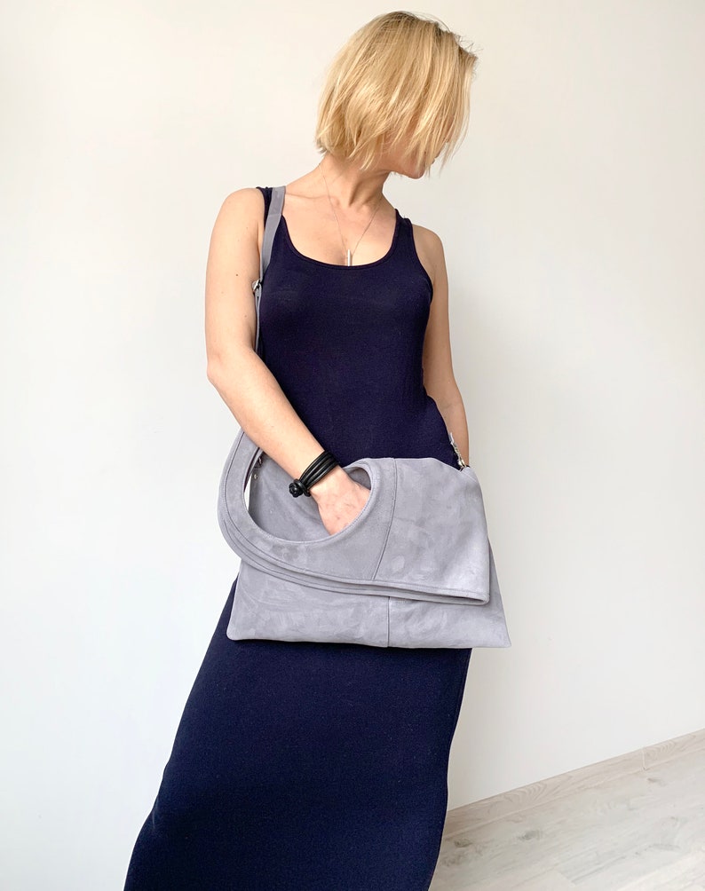 Suede bag for women Grey leather handbag Oversized hobo bag Asymmetrical purse Medium purse Unique tote by Olena Molchanova