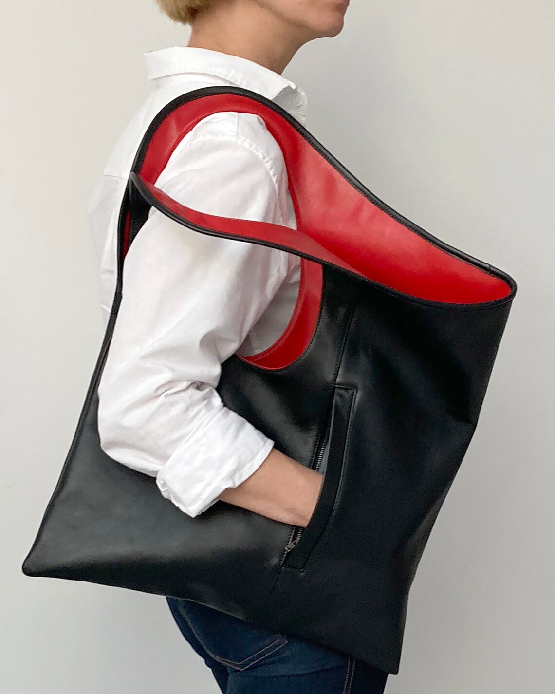 Black leather hobo bag Oversized leather handbag Extra large Etsy