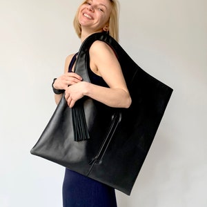 BLACK Leather HOBO Bag Large Shopper Bag Oversized Black 