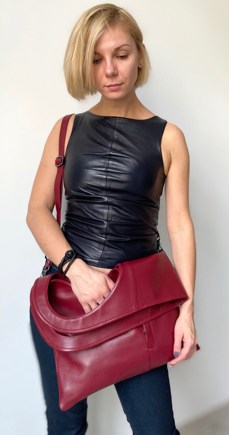 Burgundy crossbody bag Maroon leather bag Medium purse with pockets Slouchy hobo bag Foldover handbags for women by Olena Molchanova
