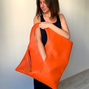 Leather tote bag for women Orange leather purse with tassel Extra large shoulder bag with outside pocket Oversize leather shopper Unique bag