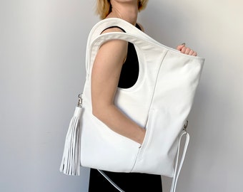 White Leather Hobo Bag: Extra Large Asymmetrical Crossbody Purse
