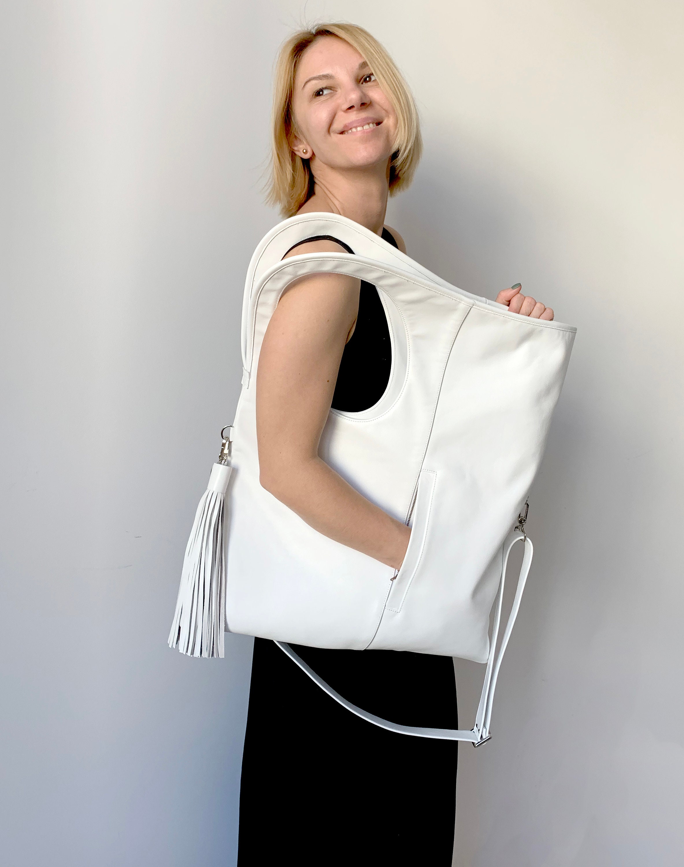 White Leather Hobo Bag: Extra Large Asymmetrical Crossbody