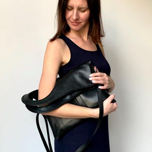Foldover Black Leather Crossbody Bag: Small Handbag with Pocket