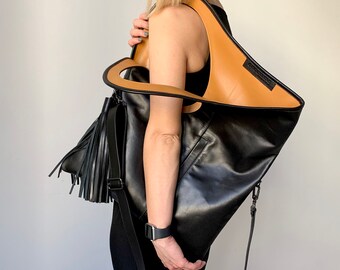 Oversized leather bag Black leather hobo bag with tan interior Soft leather handbags for women Custom tote Genuine leather shopper
