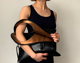 Black leather crossbody bags for women Large leather bag with outside pockets Modern handbag Handmade leather purse