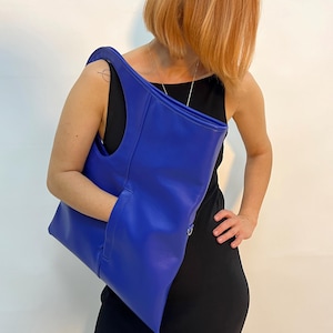 Bolso de hombro grande Bolso de mano de piel azul para mujer Shopper de piel suave Monedero de piel auténtica Bolso de mano moderno Bolso hobo de piel azul cobalto