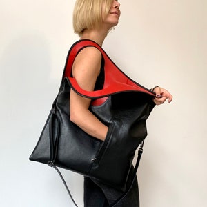 Black leather crossbody purse Oversized shopper Unique handbags for women Genuine leather bag Asymmetrical purse by Olena Molchanova.