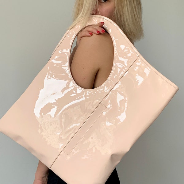 Pink patent leather purse Luxury shoulder bag Ladies hobo bag Evening patent handbags for women Asymmetrical bag