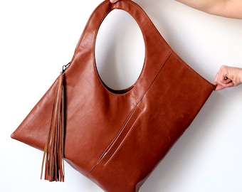 Leather hobo bag Cognac large laptop bag for women Slouchy leather purse Large tote with pockets