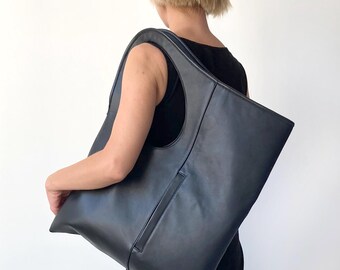 Oversized Black Leather Hobo Bag: Asymmetrical Armhole Shopper