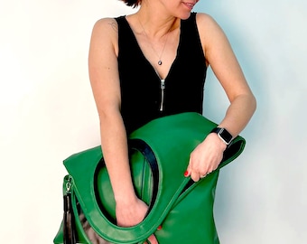 Green leather clutch bag Foldover leather handbag Genuine leather purse for women Oversize leather bag Ladies shoulder bags