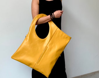 Yellow leather tote Large handbags for women Mustard purse Slouchy leather bag Bright leather hobo bag by Olena Molchanova