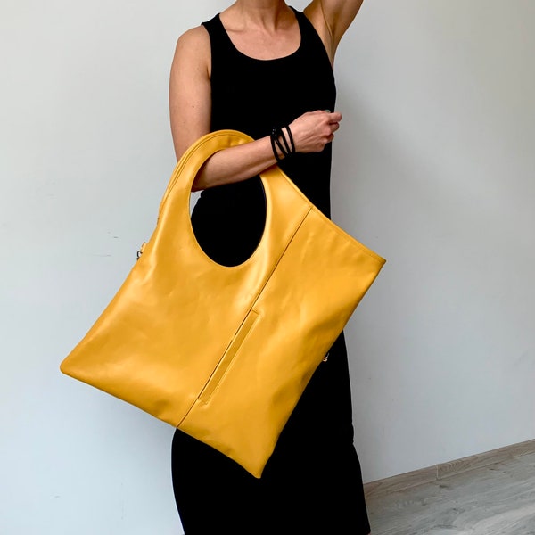 Yellow leather tote Large handbags for women Mustard purse Slouchy leather bag Bright leather hobo bag by Olena Molchanova