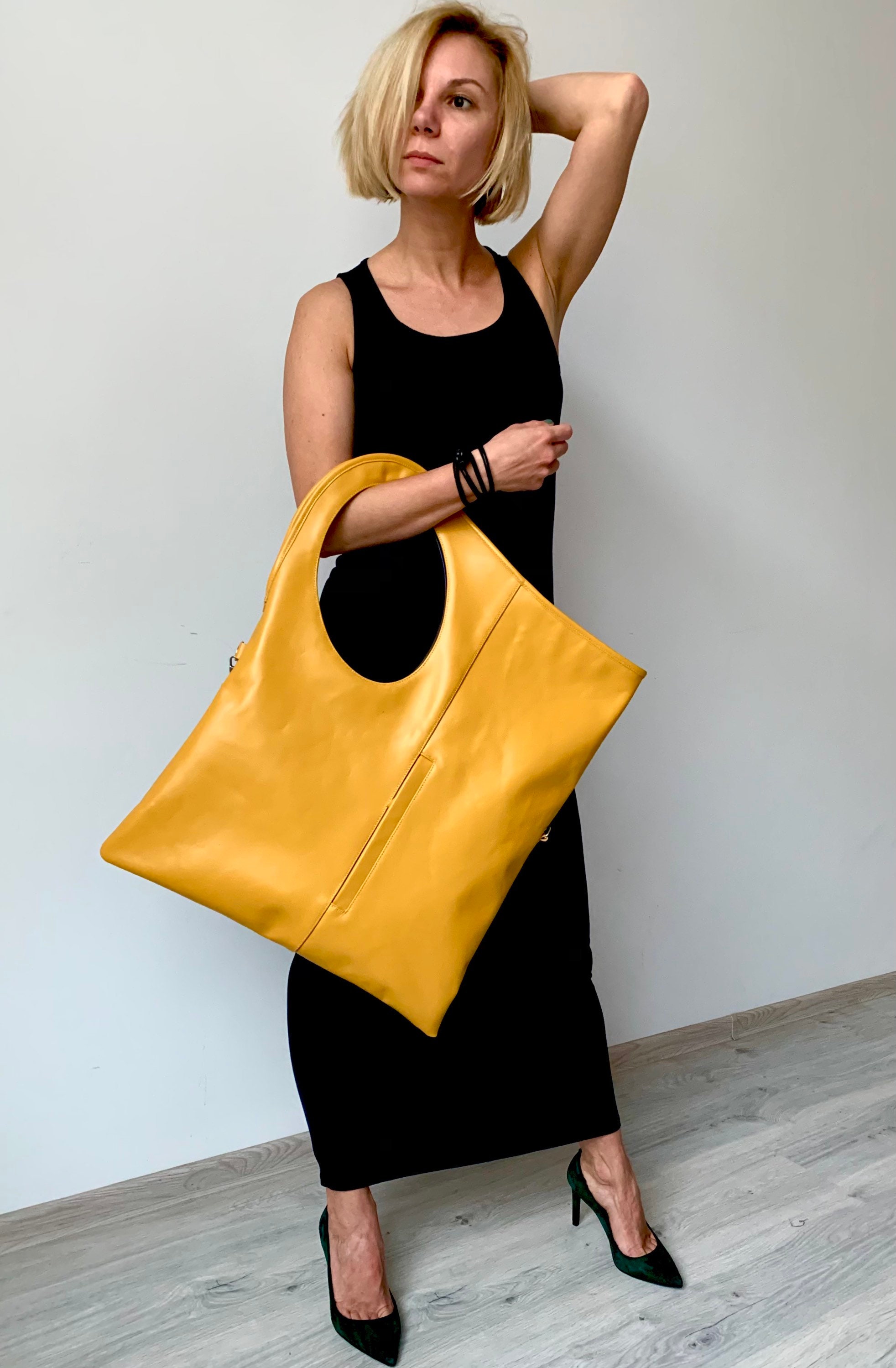 Buy Ladies Love It - Mustard Yellow & Blue Leather Tote Bag Online