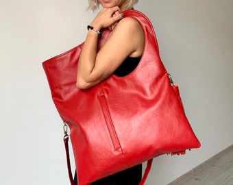 Slouchy leather bag Genuine leather handbags for women Oversized tote Bright handbag Red leather shoulder bag Leather shopper tote