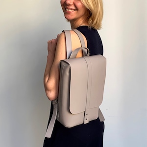 Handcrafted backpack Genuine leather backpack Taupe leather handbag Structured leather bag Modern leather bag Designer leather purse