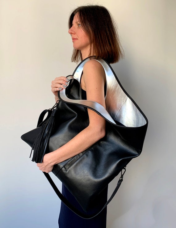 Black Hobo Purse Genuine Leather Tote Oversized Shoulder Bag 