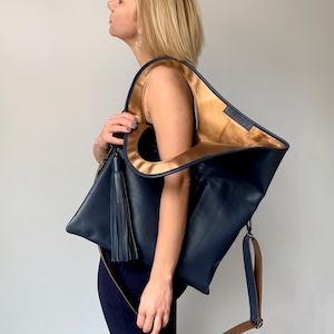 Yellow soft leather fold over clutch purse with tassel Oversized hobo bag Unique handbag for women