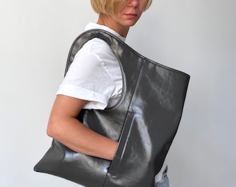 Unique bag Leather hobo bag Grey shoulder bag Genuine leather tote for women Extra large purse Armhole handbags Flat bag