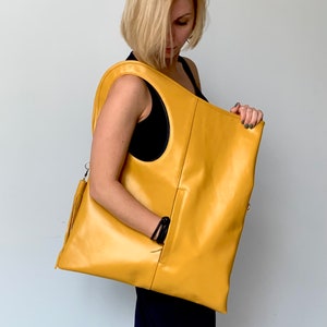 Mustard leather tote Unique handbag Leather hobo bag with outside pocket Oversized purse for women Genuine leather purse Yellow shoulder bag
