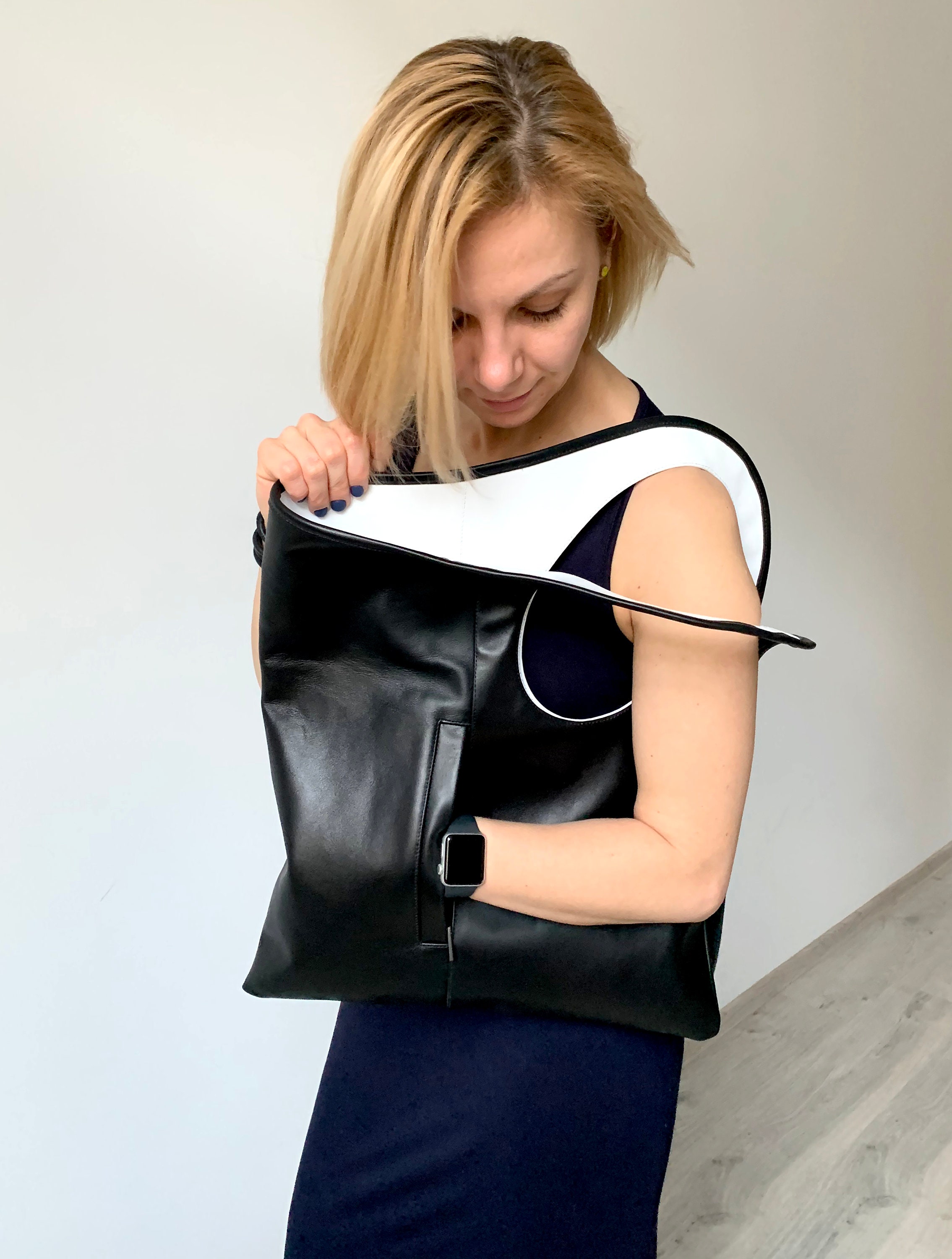 Genuine leather shoulder bag Black and white handbag Large Etsy