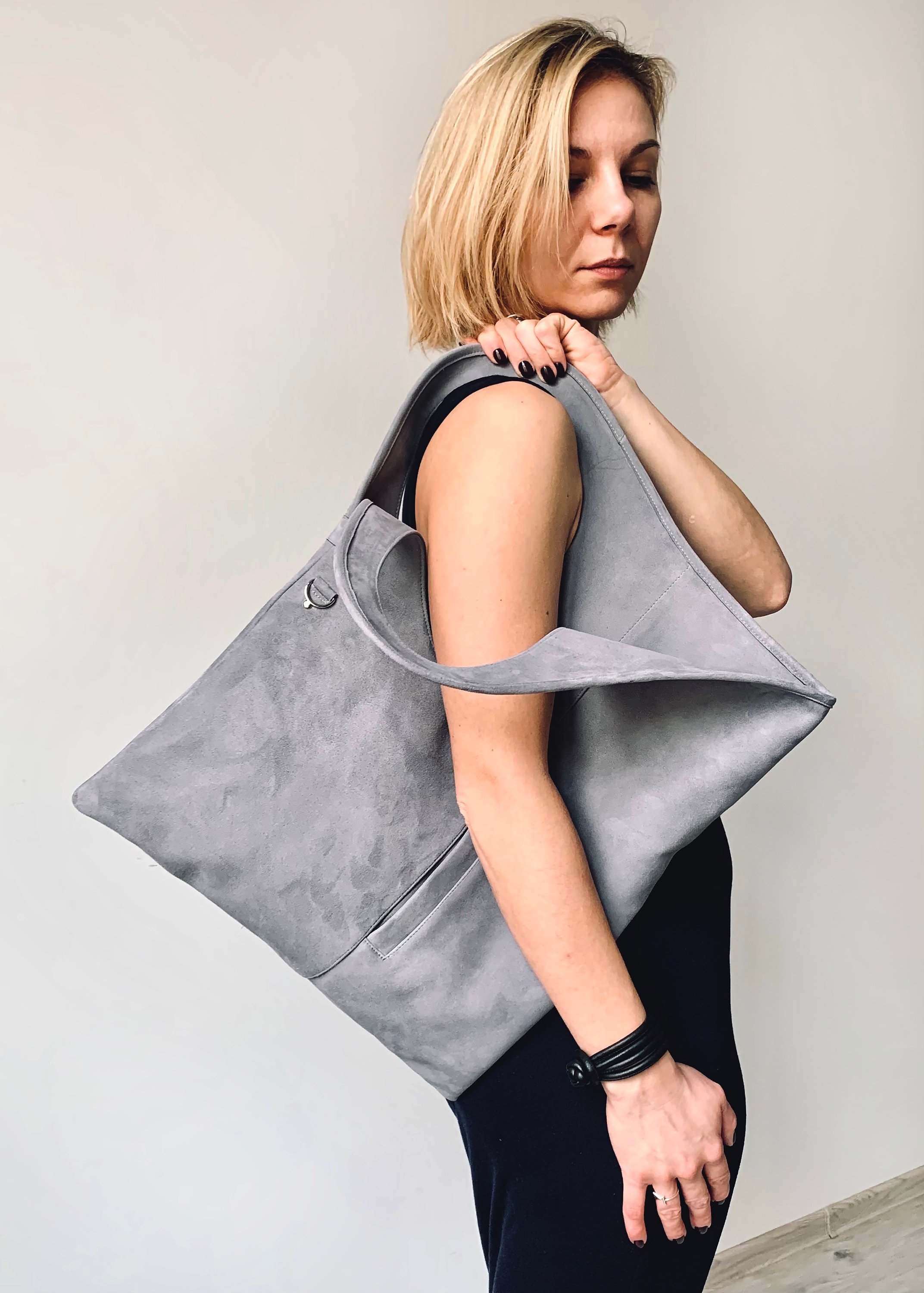 Handmade Handbags Grey Suede Purse Slouchy Hobo Bag Flat Bag 