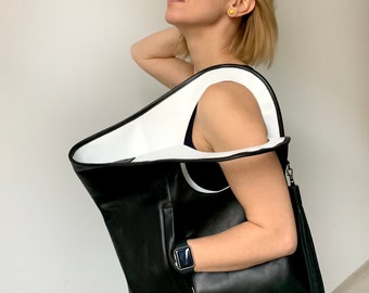 Black and white purse Soft leather shopping bag for women Medium leather handbag Leather hobo bag Flat bag Armhole bag by Olena Molchanova