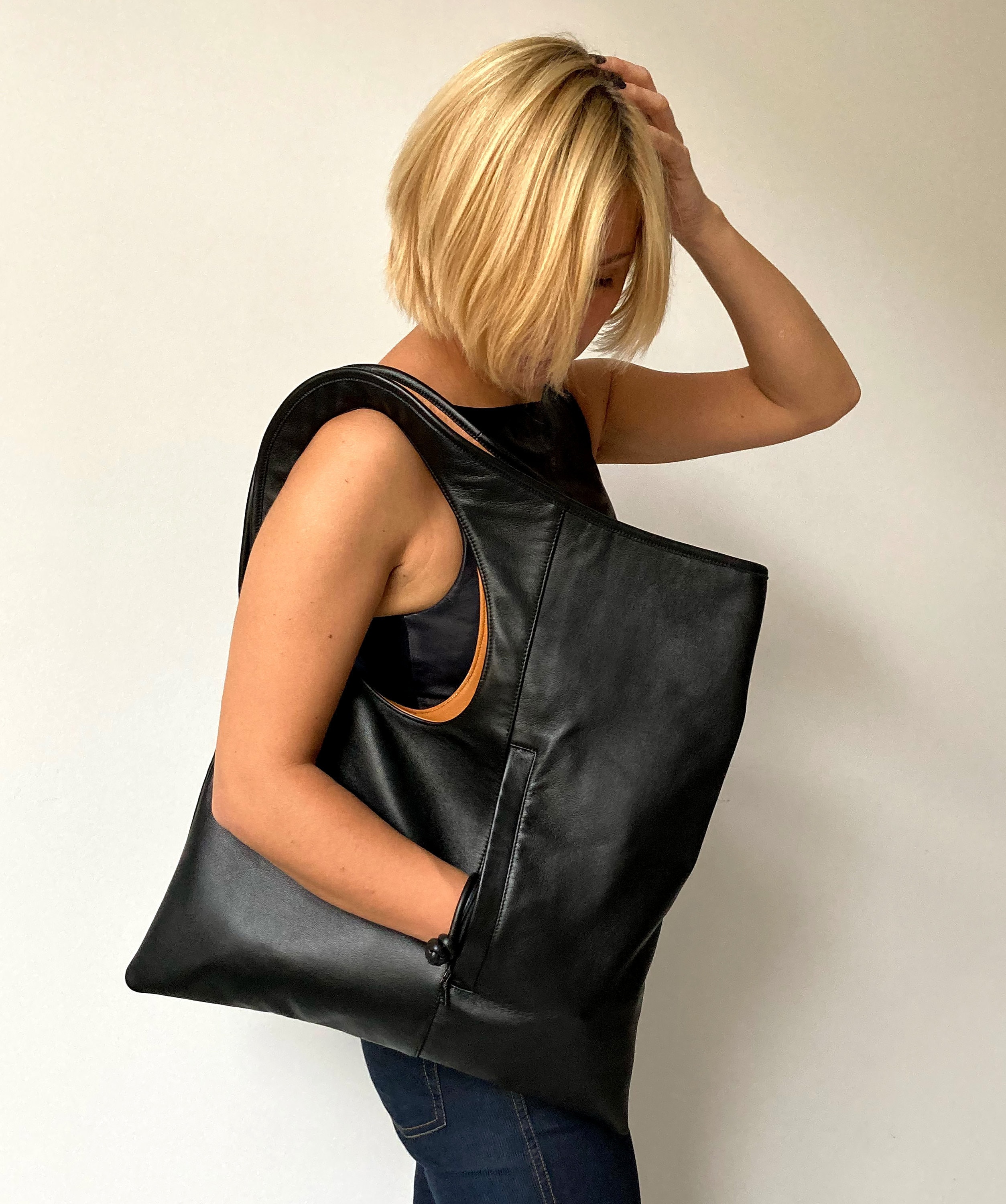 18/22cm) Real Leather Slouchy Tote Bag Bucket Purse Handbag w/ Drawstring  Bag | eBay