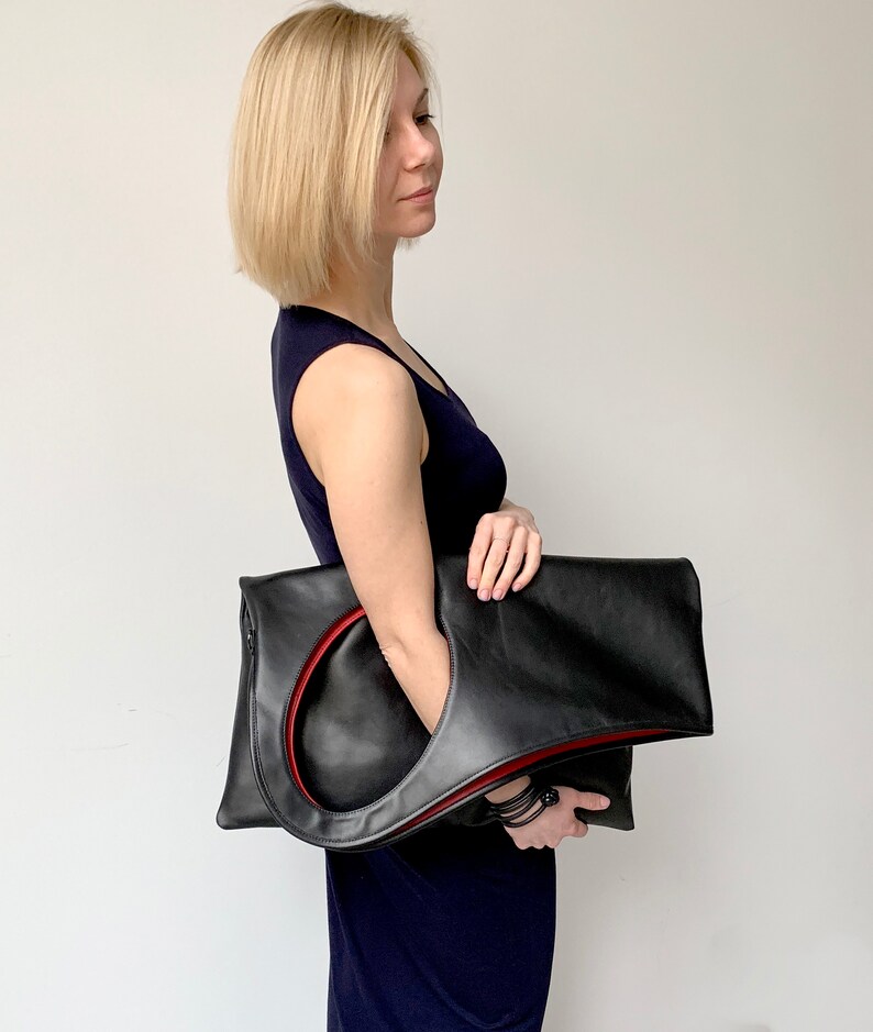 Black leather crossbody purse Oversized shopper Unique handbags for women Genuine leather bag Asymmetrical purse by Olena Molchanova.