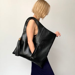Black Leather Hobo Bag: Handmade Oversized Asymmetrical Shoulder Bag