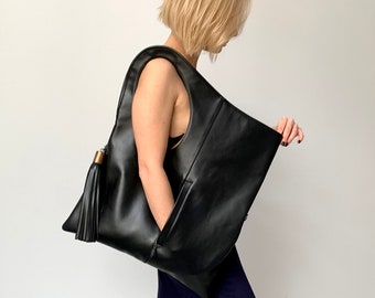 Black leather bag Oversized hobo purse Extra large shoulder bag for women Asymmetrical purse Handmade leather bag