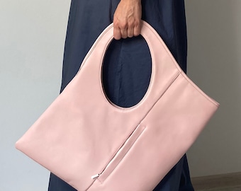 Borsa a spalla media in pelle rosa pallido