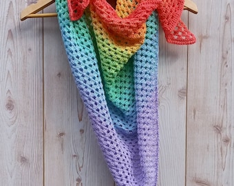 Crochet Cotton Rainbow Shawl, Cotton Summer Wrap. Pastel Rainbow Festival scarf.