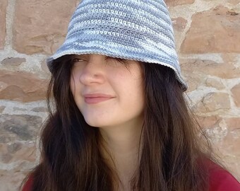 Unisex cotton Bucket Hat, Grey Cotton Summer Hat, Grey Stripey Festival Hat, Crochet Bucket Hat.