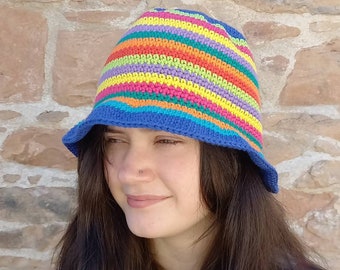 Unisex cotton Bucket Hat, Rainbow Cotton Summer Hat, Rainbow Festival Hat, Crochet Cotton Bucket Hat.