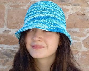 Unisex cotton Bucket Hat, Blue Cotton Summer Hat, Blue Stripey Festival Hat, Crochet Bucket Hat.