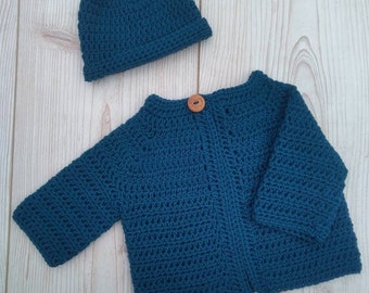 New Baby Cardigan and Hat set, Blue Baby Cardigan for 0-3 months