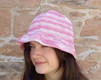 Unisex cotton Bucket Hat, Pink Cotton Summer Hat, Pink Stripey Festival Hat, Crochet Bucket Hat.