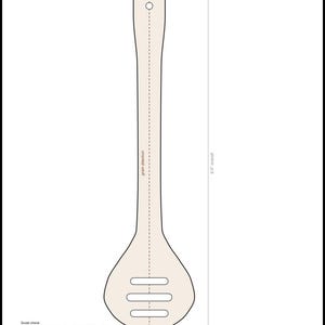May include: A technical template for a slotted spoon with three drainage slots, labeled 'Slotted Spoon' and 'Serving spoon with drainage slots'. The diagram indicates a 9.0 inch overall length and specifies 3/4 inch blank stock for the project.