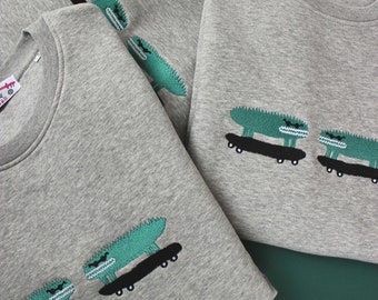 Organic cotton sweatshirt embroidered pattern crocodiles skateboards adult unisex
