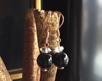 Black Onyx & Herkimer Diamond Copper Earrings: Elegant Jewelry Gift