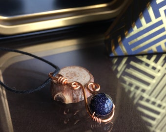 Blue Goldstone Pendant Necklace: Copper Wire Wrapped Jewelry