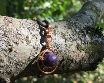 Lepidolite Pendant Necklace: Minimalist Copper Wire Wrapped Jewelry