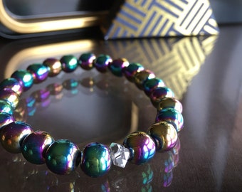 Rainbow Hematite and Herkimer Diamond Bracelet, Rainbow Hematite Bracelet, Beaded Bracelets