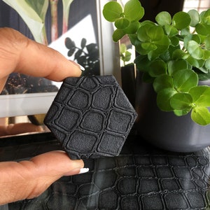 May include: A black hexagonal coaster with a crocodile skin pattern.