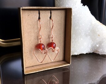 Carnelian Copper Earrings: Handmade Heart Jewelry