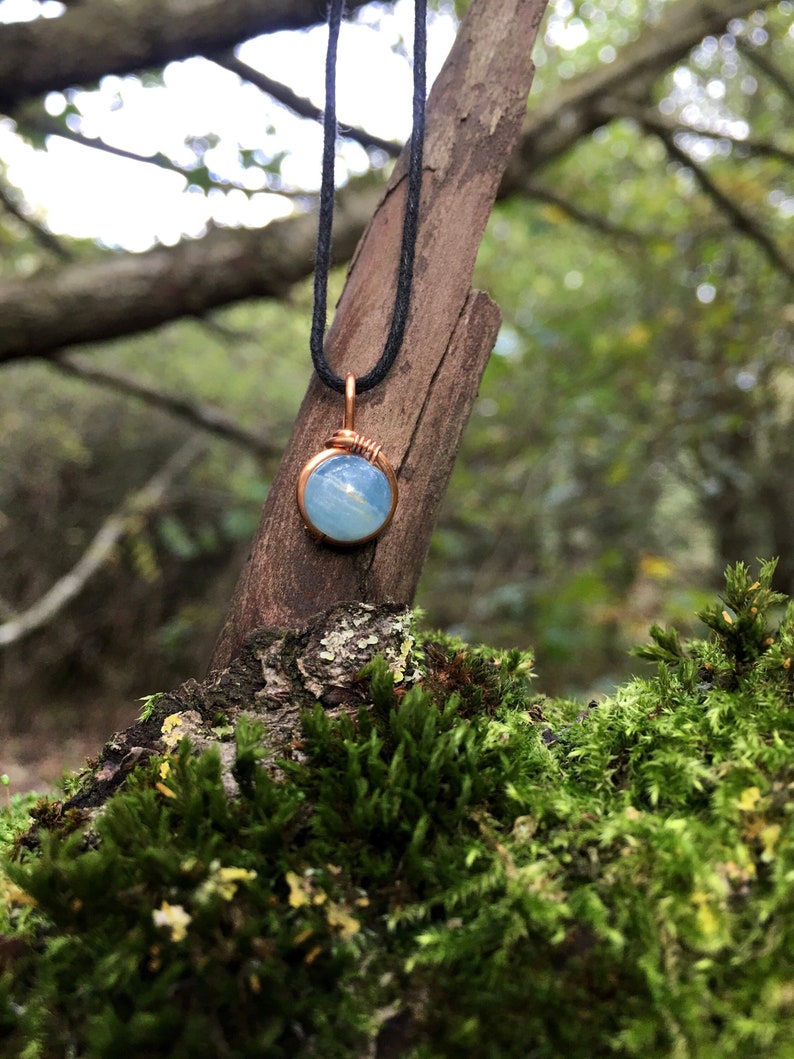 May include: A blue gemstone pendant on a black cord necklace. The pendant is wrapped in copper wire and hangs from a tree branch covered in moss.