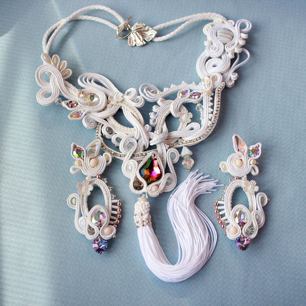 Set Earrings and Necklace White Color. Soutache Beaded Etsy