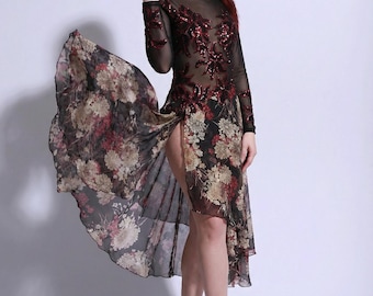 Sheer Floral Tango Dress – Dramatic Slit Dress – Couture Dance Dress – Elegant Evening Dress